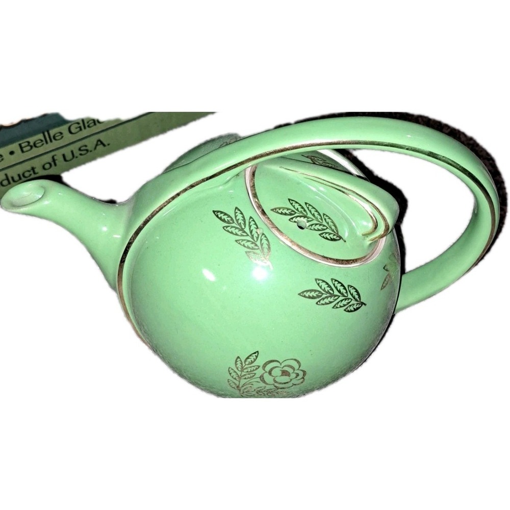 Vintage HALL China‎ 6 Cup AIRFLOW TEAPOT #0452 Green Gold Leaf 1940s Flower